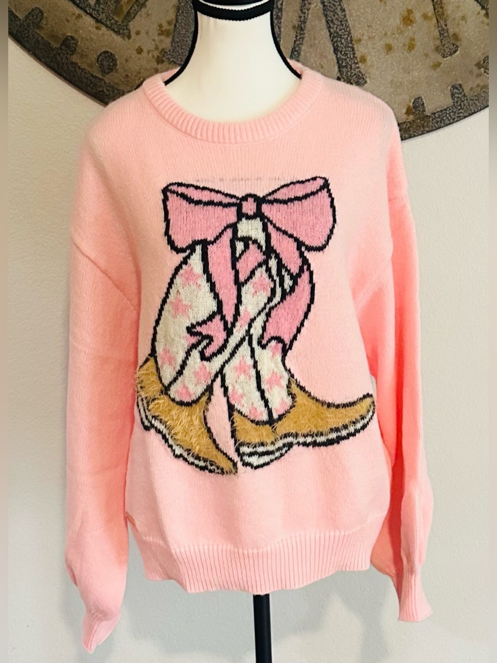 Simply Southern Pink Bow & Boots Crewneck Sweater